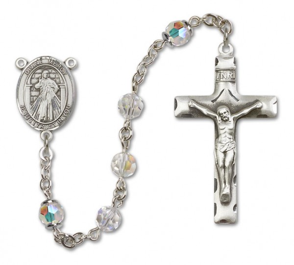 Divine Mercy Sterling Silver Heirloom Rosary Squared Crucifix - Crystal