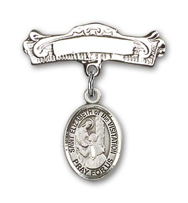 Pin Badge with St. Elizabeth of the Visitation Charm and Arched Polished Engravable Badge Pin - Silver tone