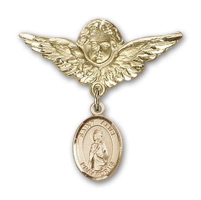 Pin Badge with St. Alice Charm and Angel with Larger Wings Badge Pin - Gold Tone