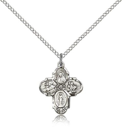 Girl's Dainty 4-Way Pendant with Flower Center - Sterling Silver