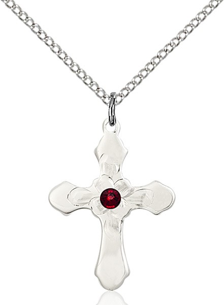 Floral Center Youth Cross Pendant with Birthstone Options - Garnet