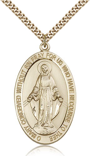 Men's Elongated Oval Miraculous Medal Necklace - 14KT Gold Filled