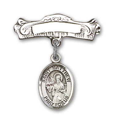 Pin Badge with St. Matthew the Apostle Charm and Arched Polished Engravable Badge Pin - Silver tone