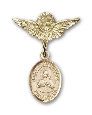 Pin Badge with St. John Vianney Charm and Angel with Smaller Wings Badge Pin - 14K Solid Gold