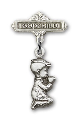 Baby Pin with Praying Boy Charm and Godchild Badge Pin - Silver tone