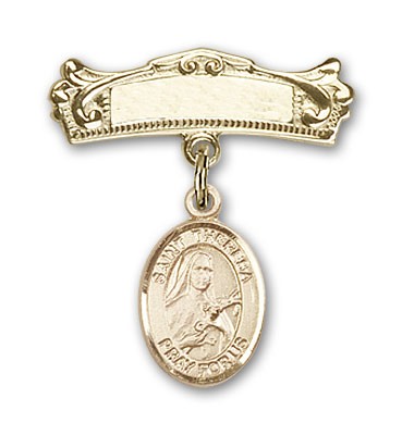 Pin Badge with St. Theresa Charm and Arched Polished Engravable Badge Pin - Gold Tone