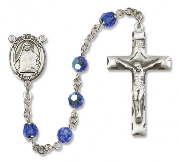 St. Edith Stein Sterling Silver Heirloom Rosary Squared Crucifix - Sapphire
