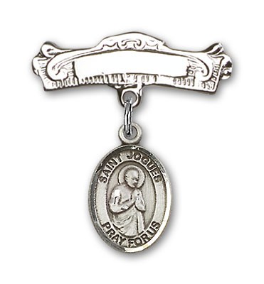 Pin Badge with St. Isaac Jogues Charm and Arched Polished Engravable Badge Pin - Silver tone