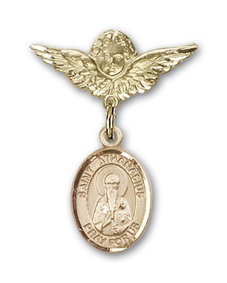 Pin Badge with St. Athanasius Charm and Angel with Smaller Wings Badge Pin - 14K Solid Gold