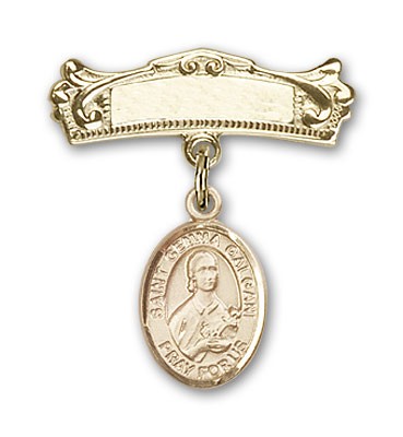 Pin Badge with St. Gemma Galgani Charm and Arched Polished Engravable Badge Pin - Gold Tone