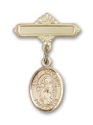 Pin Badge with St. Christina the Astonishing Charm and Polished Engravable Badge Pin - 14K Solid Gold