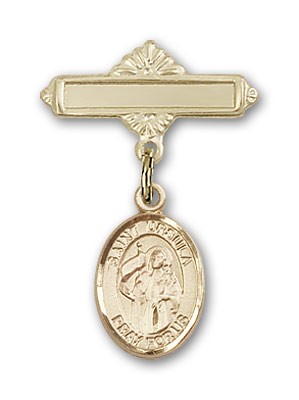 Pin Badge with St. Ursula Charm and Polished Engravable Badge Pin - Gold Tone