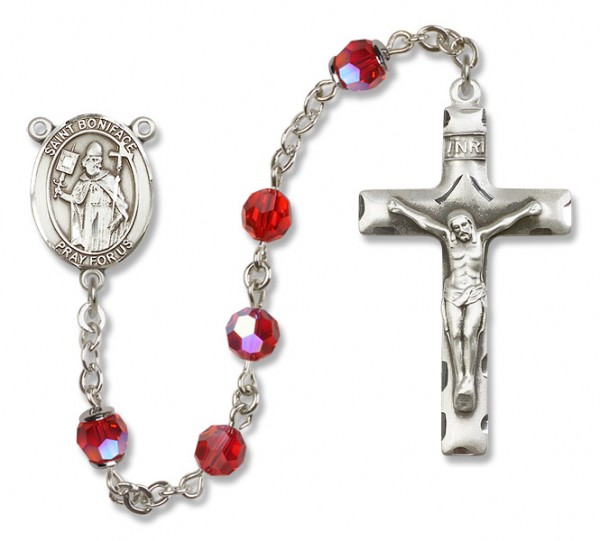 St. Boniface Sterling Silver Heirloom Rosary Squared Crucifix - Ruby Red