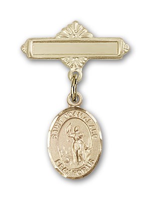 Pin Badge with St. Joan of Arc Charm and Polished Engravable Badge Pin - 14K Solid Gold