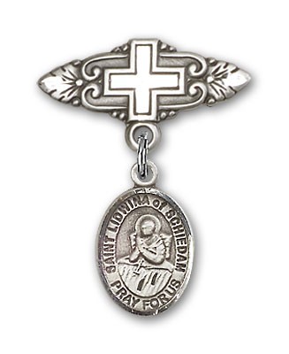 Pin Badge with St. Lidwina of Schiedam Charm and Badge Pin with Cross - Silver tone
