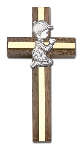 Praying Boy Cross in Walnut 4&quot; with Metal Inlay - Two-Tone Gold