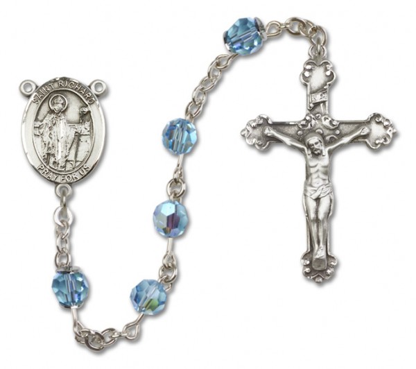 St. Richard Sterling Silver Heirloom Rosary Fancy Crucifix - Aqua