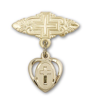 Pin Badge with Cross Charm and Badge Pin with Cross - Gold Tone