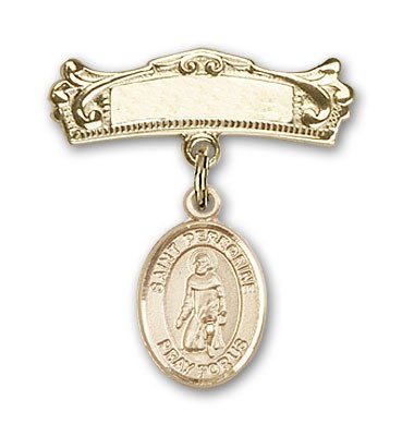 Pin Badge with St. Peregrine Laziosi Charm and Arched Polished Engravable Badge Pin - 14K Solid Gold