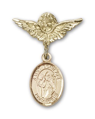 Pin Badge with St. Boniface Charm and Angel with Smaller Wings Badge Pin - Gold Tone