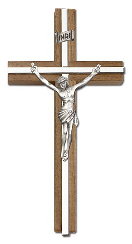 Classic Crucifix Wall Cross in Walnut and Metal Inlay 6&quot; - Silver tone