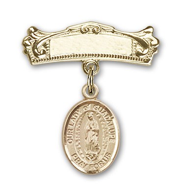 Pin Badge with Our Lady of Guadalupe Charm and Arched Polished Engravable Badge Pin - Gold Tone