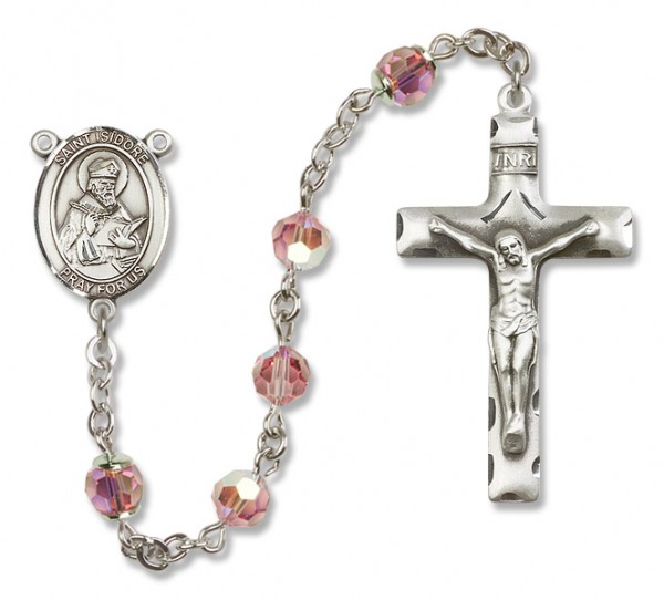 St. Isidore of Seville Sterling Silver Heirloom Rosary Squared Crucifix - Light Rose