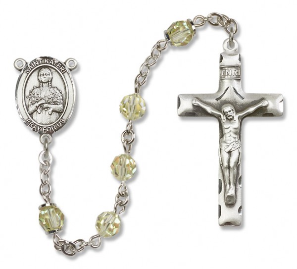 St. Kateri Sterling Silver Heirloom Rosary Squared Crucifix - Zircon