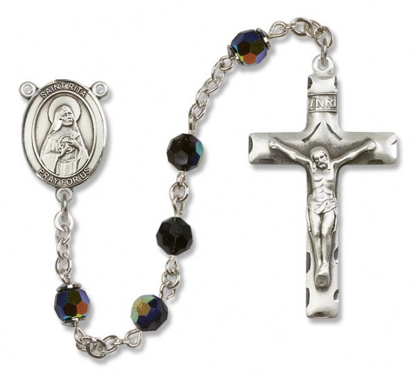 St. Rita of Cascia Sterling Silver Heirloom Rosary Squared Crucifix - Black