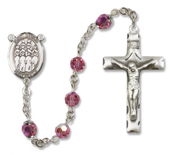 St. Cecilia with Choir Sterling Silver Heirloom Rosary Squared Crucifix - Rose