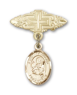 Pin Badge with St. Raymond Nonnatus Charm and Badge Pin with Cross - 14K Solid Gold