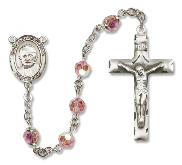 St. Arnold Janssen Sterling Silver Heirloom Rosary Squared Crucifix - Light Rose