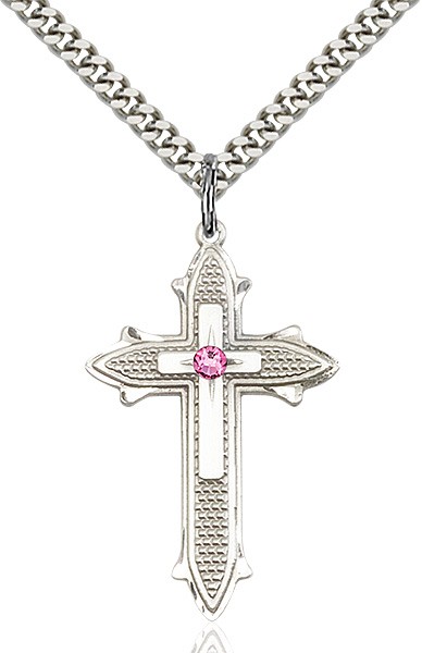 Large Women's Polished and Textured Cross Pendant with Birthstone Option - Rose