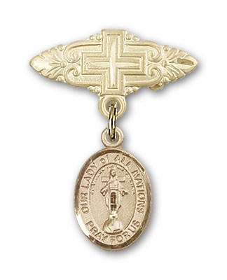 Pin Badge with Our Lady of All Nations Charm and Badge Pin with Cross - Gold Tone