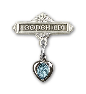 Baby Pin with Blue Miraculous Heart Shaped Charm and Godchild Badge Pin - Sterling Silver | Blue Enamel