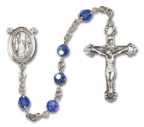 St. Genevieve Sterling Silver Heirloom Rosary Fancy Crucifix - Sapphire