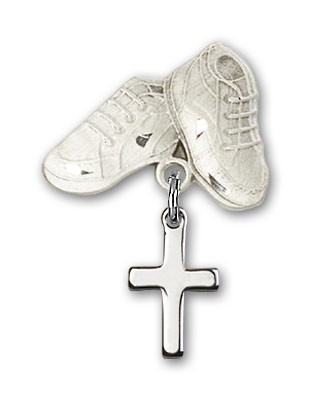 Baby Pin with Cross Charm and Baby Boots Pin - Silver tone