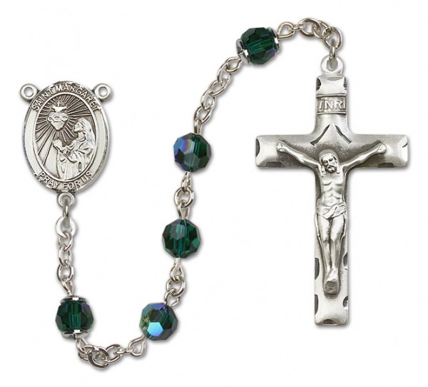 St. Margaret Mary Alacoque Sterling Silver Heirloom Rosary Squared Crucifix - Emerald Green