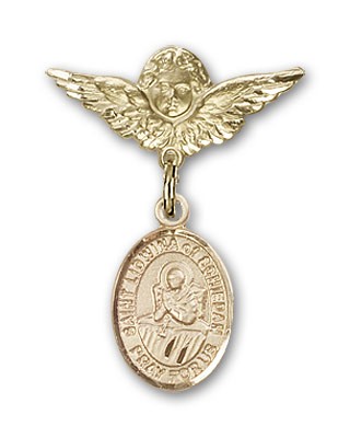 Pin Badge with St. Lidwina of Schiedam Charm and Angel with Smaller Wings Badge Pin - 14K Solid Gold