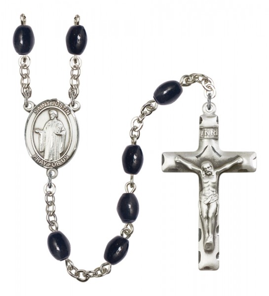 Men's St. Justin Silver Plated Rosary - Black Oval