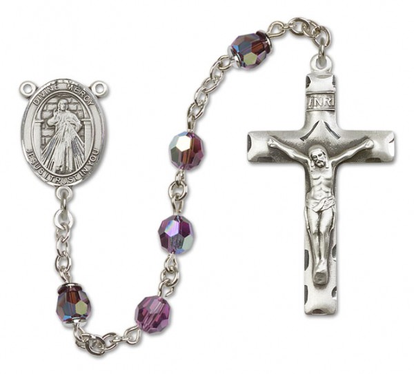 Divine Mercy Sterling Silver Heirloom Rosary Squared Crucifix - Amethyst