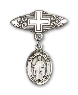Pin Badge with St. Justin Charm and Badge Pin with Cross - Silver tone