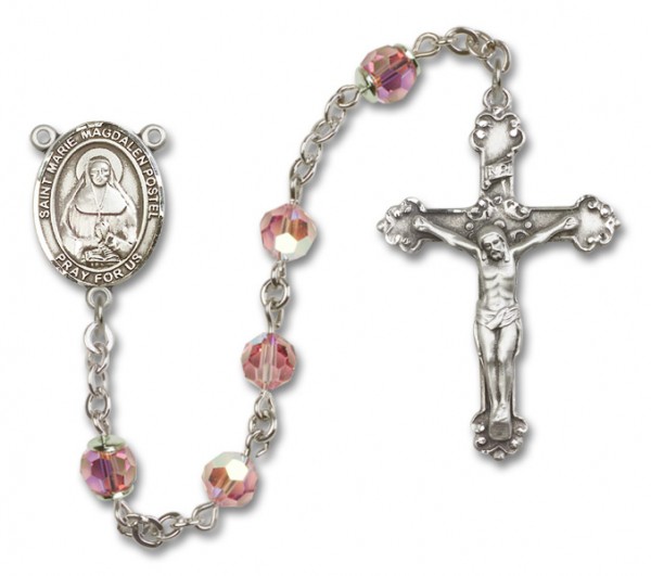 Marie Magdalen Postel Sterling Silver Heirloom Rosary Fancy Crucifix - Light Rose