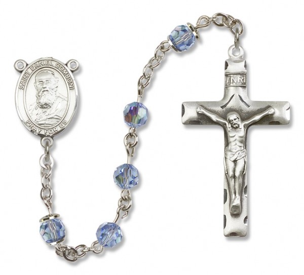 St. Daniel Comboni Sterling Silver Heirloom Rosary Squared Crucifix - Light Sapphire