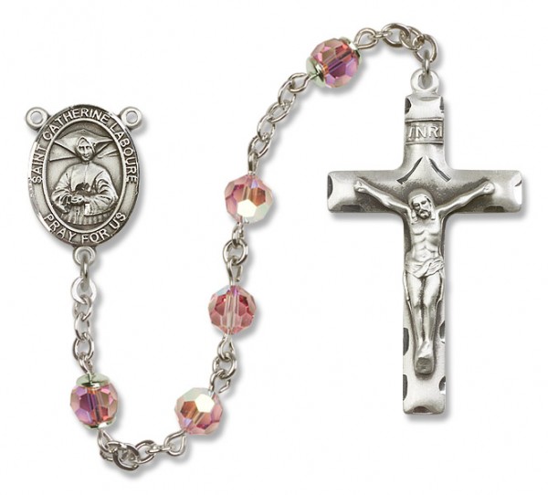 St. Catherine Laboure Sterling Silver Heirloom Rosary Squared Crucifix - Light Rose