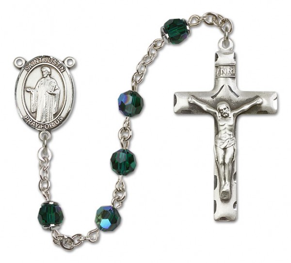 St. Justin Sterling Silver Heirloom Rosary Squared Crucifix - Emerald Green