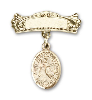 Pin Badge with St. Joseph of Cupertino Charm and Arched Polished Engravable Badge Pin - Gold Tone