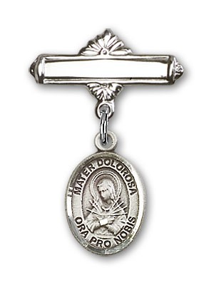 Pin Badge with Mater Dolorosa Charm and Polished Engravable Badge Pin - Silver tone