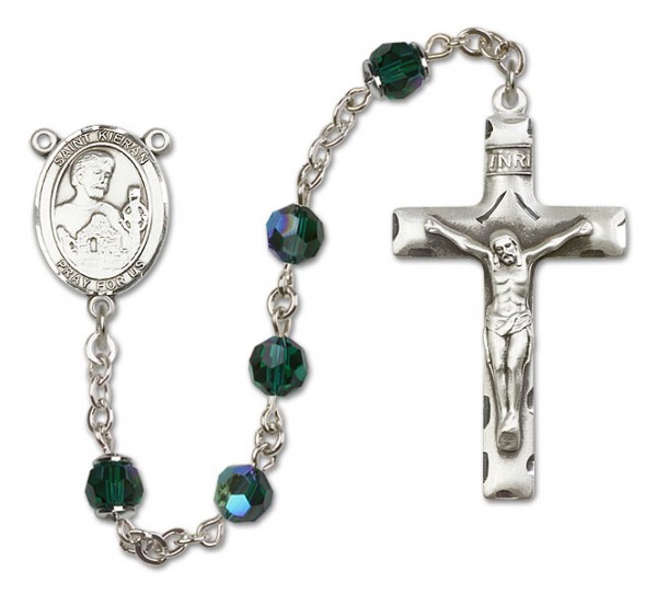 St. Kieran Sterling Silver Heirloom Rosary Squared Crucifix - Emerald Green
