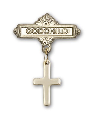 Baby Pin with Cross Charm and Godchild Badge Pin - 14K Solid Gold